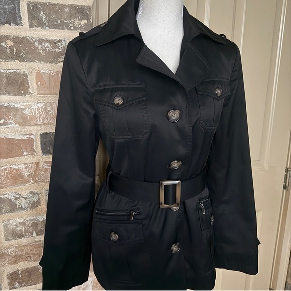 Gallery Jackets & Blazers - Gallery Black Short Belted Trench Coat Button Details
